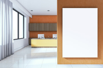 Modern reception office with light wood desk, orange accent wall, vertical canvas mockup for branding, and minimalist workspace interior design. 3D Rendering