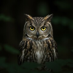 Fototapeta premium A mysterious owl gazes directly at the viewer with piercing yellow eyes, blending into the dark forest shadows.