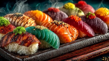 A tray of assorted sushi with a variety of colors and textures. The sushi is arranged on a wooden tray, and the presentation is visually appealing. The sushi is garnished with various toppings