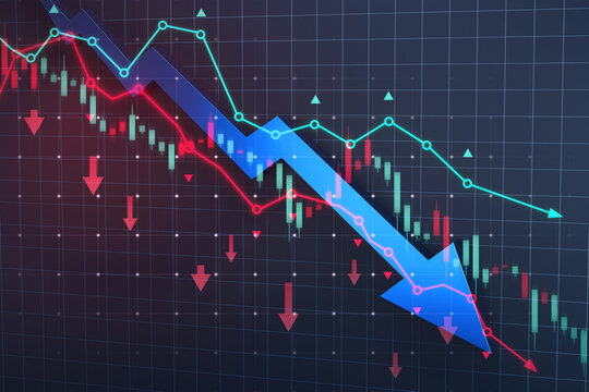 Abstract background of global financial crisis with red downward arrows and crashing stock market chart on dark fintech grid backdrop. 3D Rendering