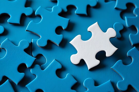Stand out from the crowd concept with white jigsaw puzzle piece among blue ones demonstrating uniqueness and individuality in a group of similar elements