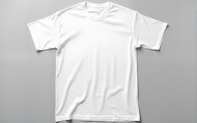 A crisp white cotton tshirt lies casually draped on a neutral gray background, its soft fabric subtly rumpled. High quality