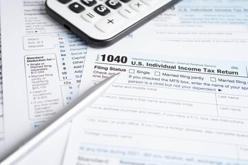 Tax form 1040 U.S. Individual Income Tax Return, business finance.