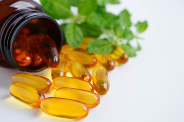 Alternative medicine herbal organic capsule with vitamin E omega 3 fish oil, mineral, drug with...