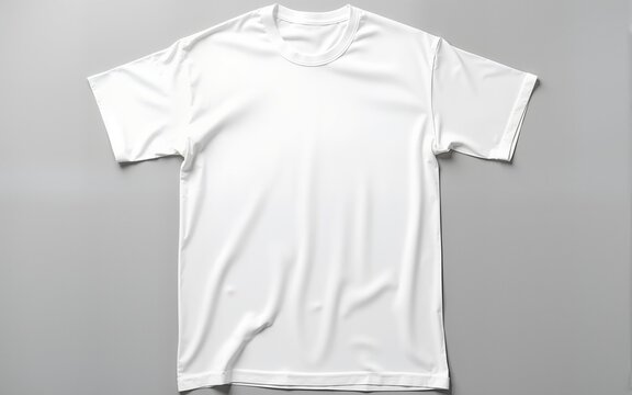 A crisp white cotton tshirt lies casually draped on a neutral gray background, its soft fabric subtly rumpled. High quality