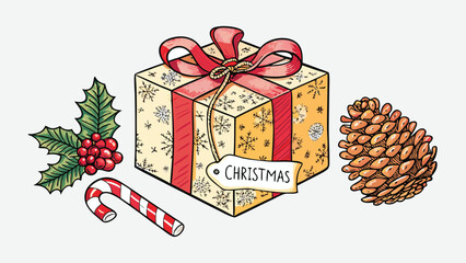 A christmas gift with a red ribbon and a tag next to a pine cone, holly and a candy cane illustration
