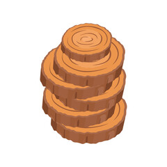 Wooden round trunk cuts, round cut with annual rings, side view. Lumber wooden industry materials. Round pine, oak or birch slices of different sizes, stacked on top of each other. Flat vector