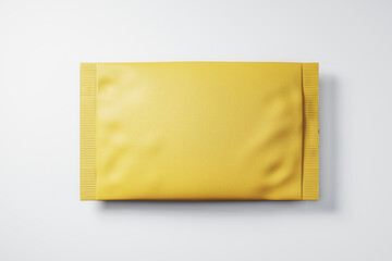 Yellow blank packaging pouch mockup laying on white background, perfect for branding presentations and modern product advertising displays. 3D Rendering