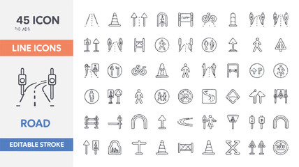 A set of 45 line icon illustrations for road and transportation themes arranged in a grid layout. The icons are drawn in thin black strokes on a white background