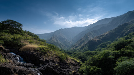 Obraz premium stunning view of majestic hawaiian mountains and volcanoes showcasing lush greenery and vibrant flora typical of