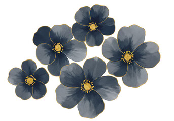Illustration of Elegant Blue Flowers with Golden Outlines on Black, Decorative Floral Design
