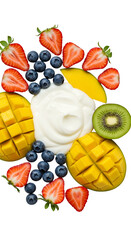Fresh Fruit Breakfast Photo, Strawberry, Blueberry, Mango, Kiwi and Yogurt