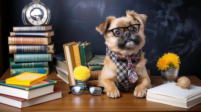 A dog in a tie and round glasses with a stack of books. The concept of education, back to school. Smart funny dog in glasses sitting with books, reading and studying smiling on books background.