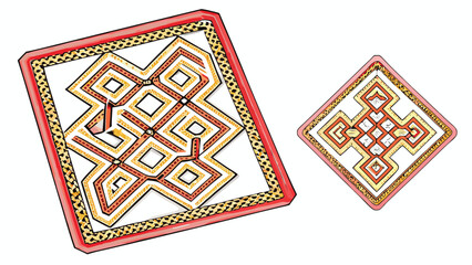 Two decorative square designs featuring geometric patterns in red gold and white colors on a white background