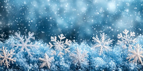 Detailed snowflakes resting on sparkling icy blue ground winter