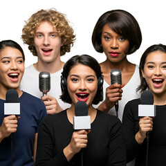Photo of a Group of Enthusiastic Reporters with Microphones, Communication