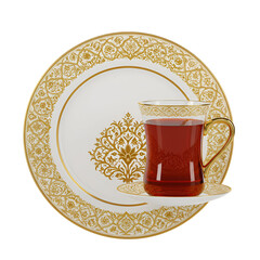 3D Illustration of a Tea Cup on Plate with Golden Pattern Detail