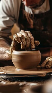 Pottery making with artisan hands on wheel, showing traditional craft and handmade process. 4K, vertical video, social media, 9:16, insta story