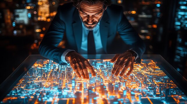 Businessman examines a holographic city model.