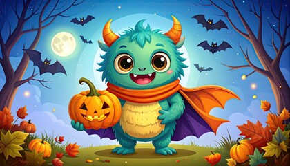 Cute Halloween Monster with Pumpkin in Spooky Forest