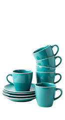 Teal Ceramic Coffee Cups and Saucers Stack on Background Photo
