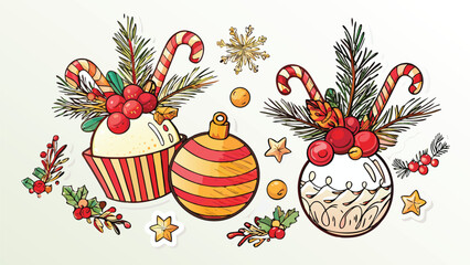 Festive christmas ornaments and cupcakes with candy canes and berries in a watercolor style design
