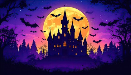 Spooky Castle Under Moonlight with Bats