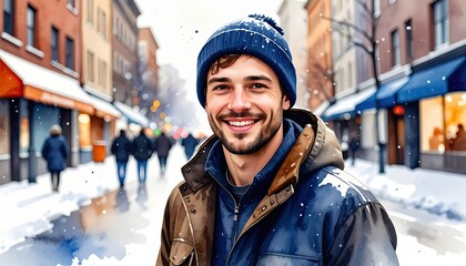 Warm Portrait of Smiling Man in Urban Winter Scene