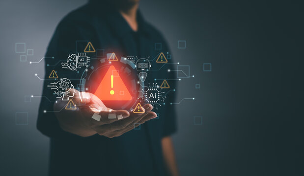 Concept of AI technology scam or cyber security warning concept, Man hand showing warning about using AI technology to access personal data or internet threats with virtual infographic