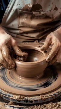 Pottery making with artisan hands on wheel, showing traditional craft and handmade process. 4K, vertical video, social media, 9:16, insta story