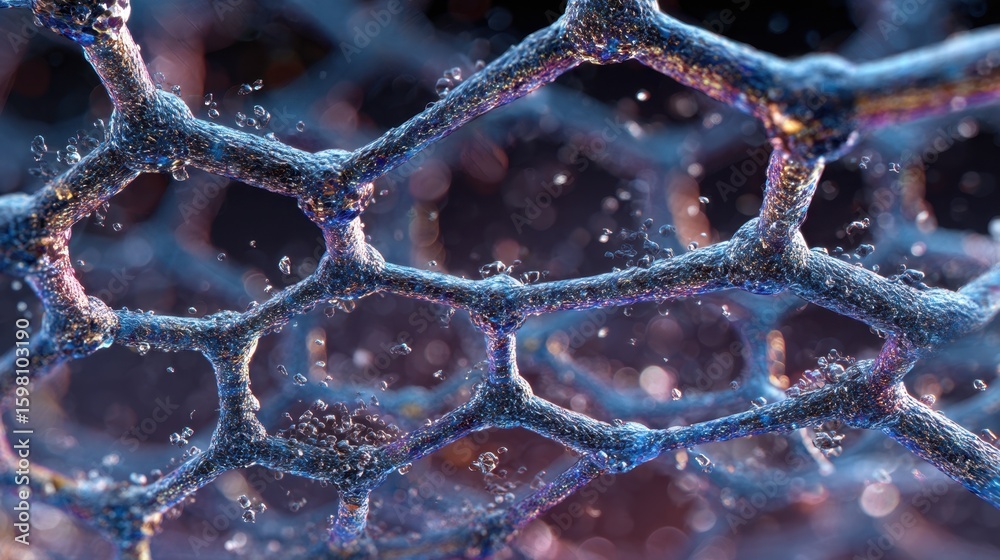 Poster microscopic exploration revealing graphene filter's hexagonal network, capturing ice particles accum