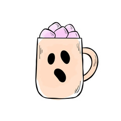 Ink and watercolor illustration of a mug with spooky ghost face. Halloween party drink with marshmallows on top for sticker design, menu, or card. Vector clip art isolated on a white background.