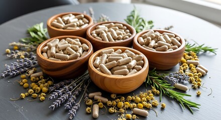 Fototapeta premium Five wooden bowls filled with beige capsules are arranged on a dark surface, surrounded by fresh herbs and flowers.
