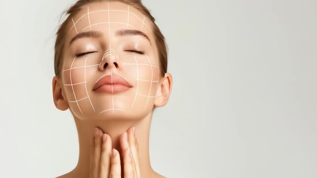 Woman with grid drawn on face for plastic surgery modeling. Beauty facial treatment and dermatology concept, video footage.