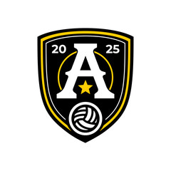 soccer logo badge with a letter A and soccer ball illustration. sport team logo vector template.