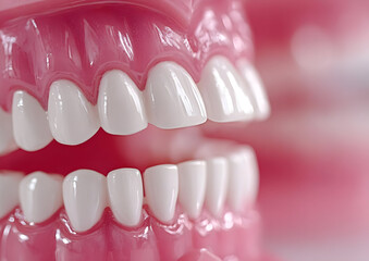 Obraz premium Close-up of realistic dental models showcasing white teeth and pink gums, emphasizing dental care and hygiene standards in a colorful setting.