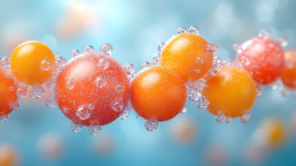 Orange and red spheres with water droplets.
