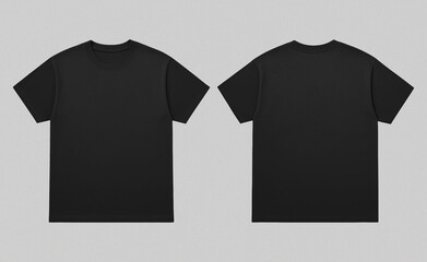Classic Black T-Shirt Mockup: A studio shot presents a front and back view of a sleek, jet black T-shirt, embodying minimalist fashion.