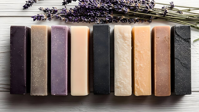 A visually appealing arrangement of artisanal soap bars in various colors and textures, complemented by fresh lavender sprigs, conveying a sense of relaxation. - Powered by Adobe
