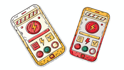 Two stylized mobile phones with colorful interfaces and various icons displayed on their screens shown