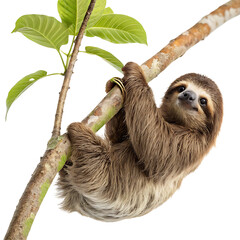 Brown sloth hanging on tree branch isolated on a transparent background animal mammal