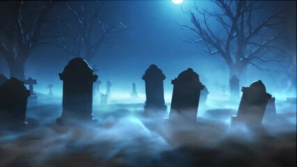 Foggy Graveyard at Night with Moonlight and Silhouetted Tombstones - Powered by Adobe