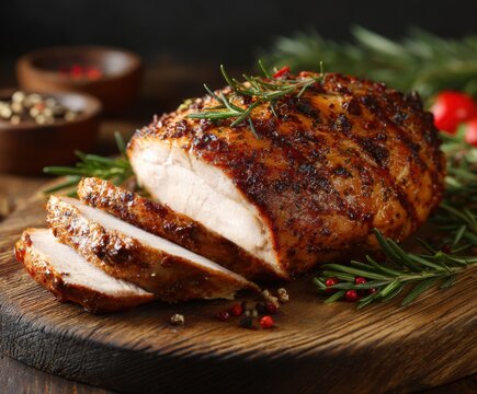 Baked sirloin turkey meat homemade with spices, with copy space