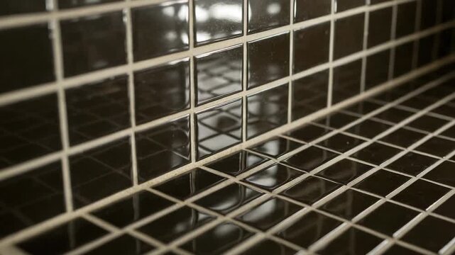 Close-up of black glossy ceramic tiles with light grout. Modern kitchen or bathroom backsplash with a reflective grid pattern.