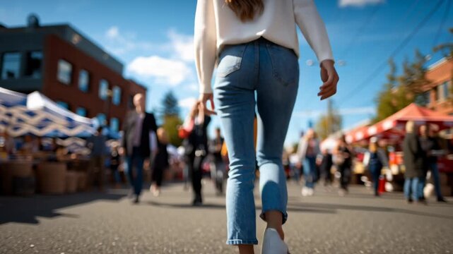 Young woman walking through city flea market street with crowd and outdoor stalls creating lively vibrant atmosphere full of energy and bright sky