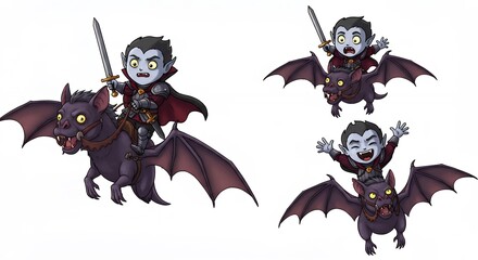 Cartoon vampire figures riding bats