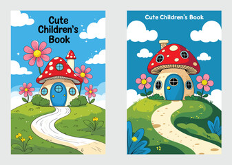 Fototapeta premium Whimsical Cartoon Mushroom House Book Cover With Garden Flowers