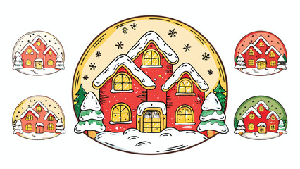Illustrations of red houses with snow covered roofs and christmas trees in circular frames design