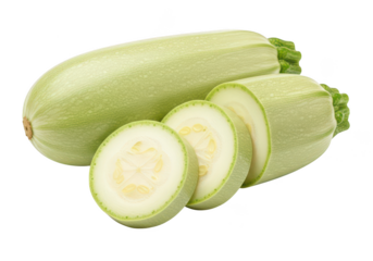 Two pale green zucchini one whole and three slices on squash vegetable