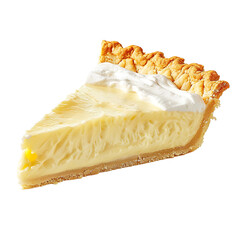 Slice of creamy custard pie with whipped cream topping and flaky crust